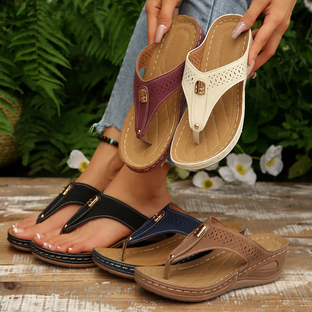 Women's Toe Post Wedge Sandals | PU Leather Low Heel Summer Shoes